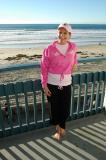 Laurie on hotel balcony, Pacific Beach, CA