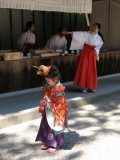 Girl in kimono with shrine staff behind