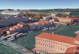 Venice: Calatrava pedestrian bridge, P. Roma vaporetto stops & cruise ship in port