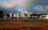 Honolulu buildings as seen from Sand Island, Honolulu Harbor