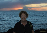 August 2010 - Karen with the sunset and Lanai behind her at the Marriott Wailea Beach Resort on Maui