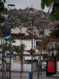 Rio downtown; harbor area; favela in the background.
