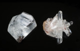 Classic Cumbrian Calcites, heart twin at left, doubly terminated prismatic crystal at right