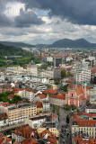 Ljubljana Slovenia with Karawanks, Kamnik Savinja, limestone Alps and Franciscan Church of the Annunciation Preseren Square from