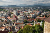 Old Ljubljana capital city of Slovenia with the Karawanks, Mount Saint Mary, and Kamnik Savinja limestone Alps from the hilltop 
