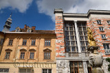 Kumersteiner Neptune fountain 1675 at Geographical Museum with the National and University Library of Slovenia and Vzigalica Gal