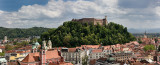 Panorama of Old Town of Lubljana Slovenia from the Skyscraper of churches of St Joseph, St Nicholas, Franciscan and St James wit