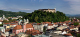 View of Old Town of Lubljana Slovenia from the Skyscraper of churches of St Joseph, St Nicholas, Franciscan and St James with hi