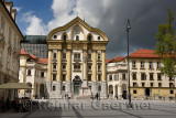 Ursuline Church of the Holy Trinity with marble statues of the Holy Trinity column at Congress Square in Ljubljana Slovenia with