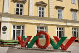 Red and green interactive WOW art installation at the Slovenian Tourist Information Centre of Ljubljana celebrating environmenta