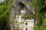 Trees clinging to cliff face at Predjama Castle 1570 Renaissance fortress built into the mouth of a cliffside cave in Slovenia