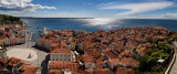 Aerial panorama of Piran Slovenia on Adriatic sea with marina and Tartini Square to Punta lighthouse Church of St Clement Our La