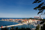 Piran Slovenia Gulf of Trieste on the Adriatic sea from the Punta Lighthouse to St George's Cathedral with Kanin Mountains and T