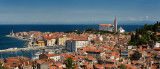 Panorama of Piran Slovenia on Gulf of Trieste Adriatic sea from the Cape Madonna St Clement church to St George's Cathedral with