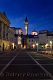 Tartini Square in Piran Slovenia with City Hall, St George's Parish Church with belfry tower and baptistry, Venetian House at du