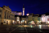 Tartini Square Piran Slovenia with City Hall, St. George's Parish Church with belfry and baptistry, Venetian House, Tartini stat