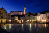Tartini Square Plaza in Piran Slovenia with City Hall, Tartini statue, St. George's Parish Church with belfry tower, Venetian Ho