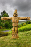 Carved wood life size Tattie Bogle Scarecrow previously pointing to the Tattie Bogal trail on Carbost Road Drynoch Isle of Skye