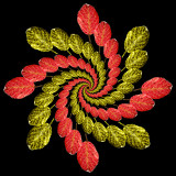 A logarithmic spiral kaleidoscope with 20 x 8 copies of the same red leaf - half of them converted to gold.