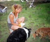 Lisa Maxwell with Scout, Chuckie, and Kittie Kittie at Wolf Creek