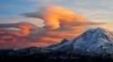 orange sky with dangerous signs, Double Standing Lenticular Cloud Formation over Mt Rainier National Park 250