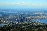 Iconic Mount Rainier floating above Seattle and Space Needle, Boeing Field, Lake Washington 068