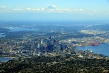 Iconic Mount Rainier floating above Seattle and Space Needle, Boeing Field, Lake Washington 068 