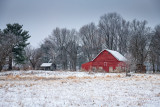 Little red barn on a frosty