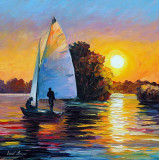 SUNSET BY THE LAKE  PALETTE KNIFE Oil Painting On Canvas By Leonid Afremov
