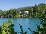 Looking back at our hotel on Lake Bled