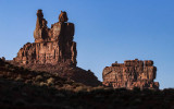 The Rudolph and Santa Claus formation and Stagecoach Rock near sunset in Valley of the Gods