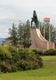 Leif statue from the back with rainbow flag (but no parade this year due to Covid)