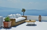 Balcony view of caldera in Oia, Santorini.