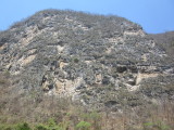 Bushes and cacti cling to the hill side
