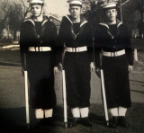 1961, APRIL - HAMISH GILMOUR, 40 RECR., DUNCAN, 22 MESS, I'M ON LEFT WITH KEN STUART & SCOUSE WALKER ON RIGHT.jpg