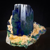 A sharp 3 cm azurite crystal on matrix from Tsumeb, 48 x 38 x 30 mm. Its an unusually simple crystal, just {001}, {320} and {1