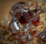 Garnets from Pakistan showing three forms: tetrahexahedron, trapezohedron and dodecahedron. Largest crystal measures about 1 cm