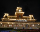 Main Street station from the front at night