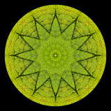 Kaleidoscopic picture created with a green leaf seen in winter
