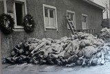 Photo taken by a US Army SergeantI on April23, 1945 of bodies piled outside the Buchenwald Crematorium