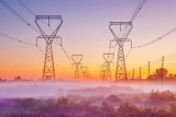 Hydro Towers In Ground Fog At Sunrise 90D24254