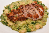 Pork Steaks with Mustardy Butter Beans and Spinach