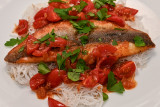 Sea Bass with Chilli Cherry Tomatoes and Rice Noodles