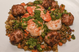 Scallops and Sausage Meatballs with Lentils