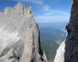 Martina flying high on the Vajolet towers, Dolomites Italy