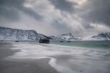 Haukland the carribean beach in the arctic region Lofoten before the dark