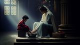 woman washing her childs feet