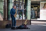 Busking in Abergavenny.