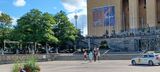 Glimpse of the Liseberg amusement parks AtmosFear free fall tower between the trees and the Museum