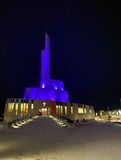 Narvik Cathedral - illuminated in blue against night sky